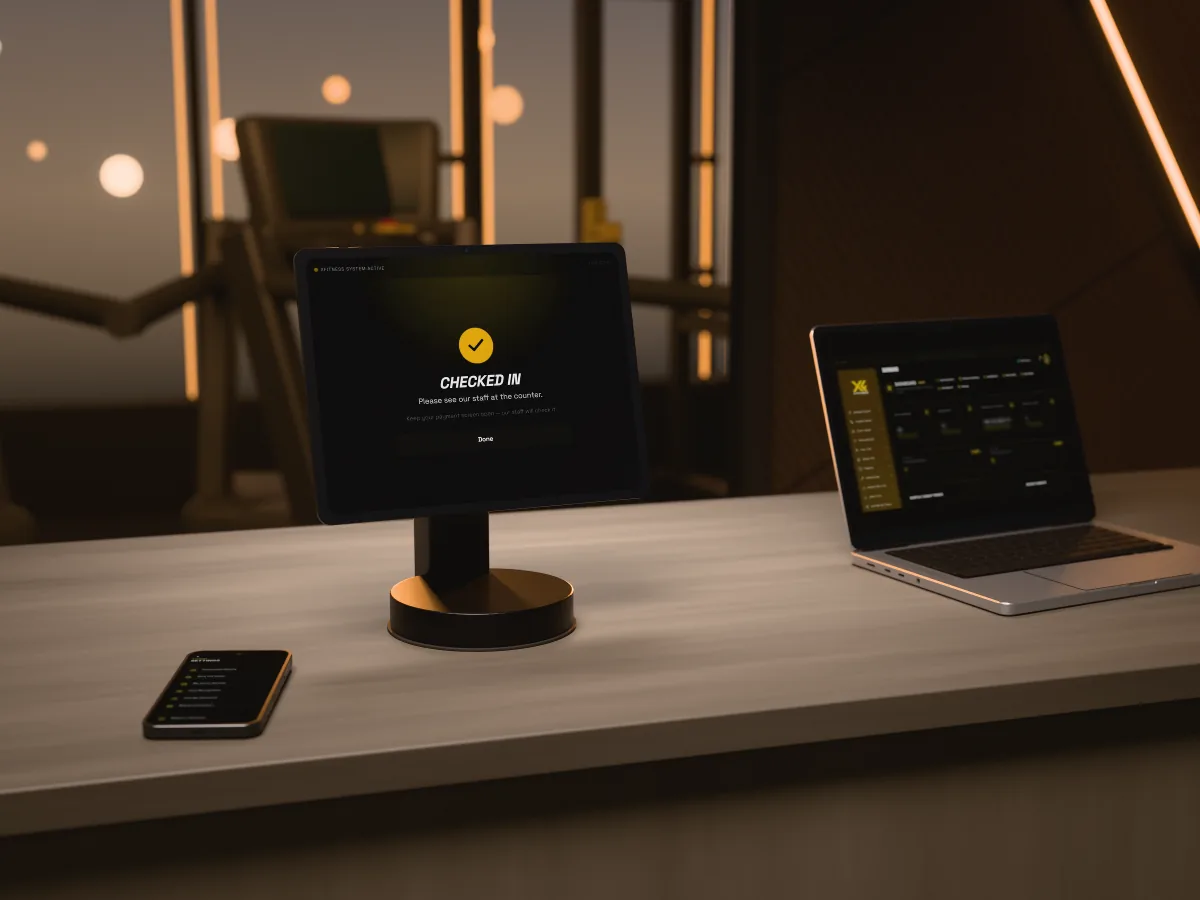 Render: real XFitness check-in, member app and admin screens on rendered devices