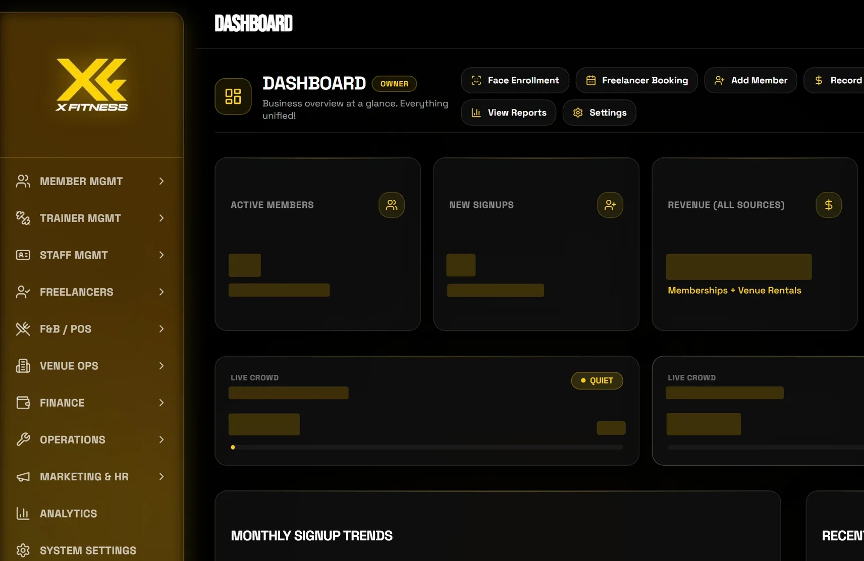 XFitness system admin: owner dashboard (figures hidden)