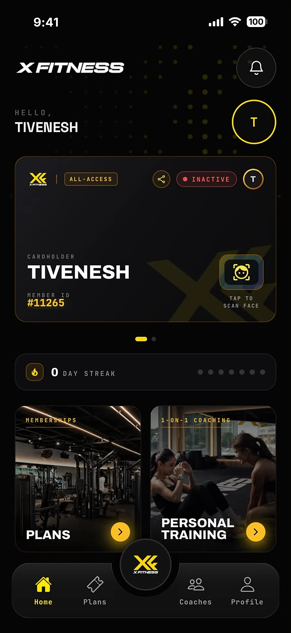 XFitness member app: home with the member card and quick links