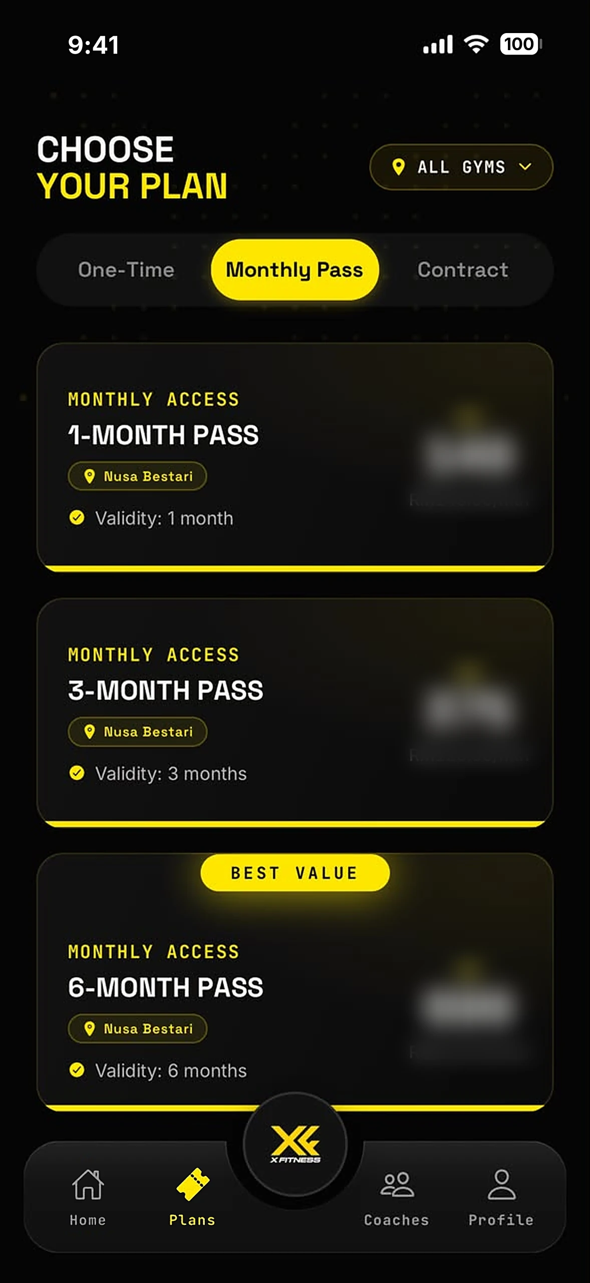 XFitness member app: choose your plan (prices hidden)