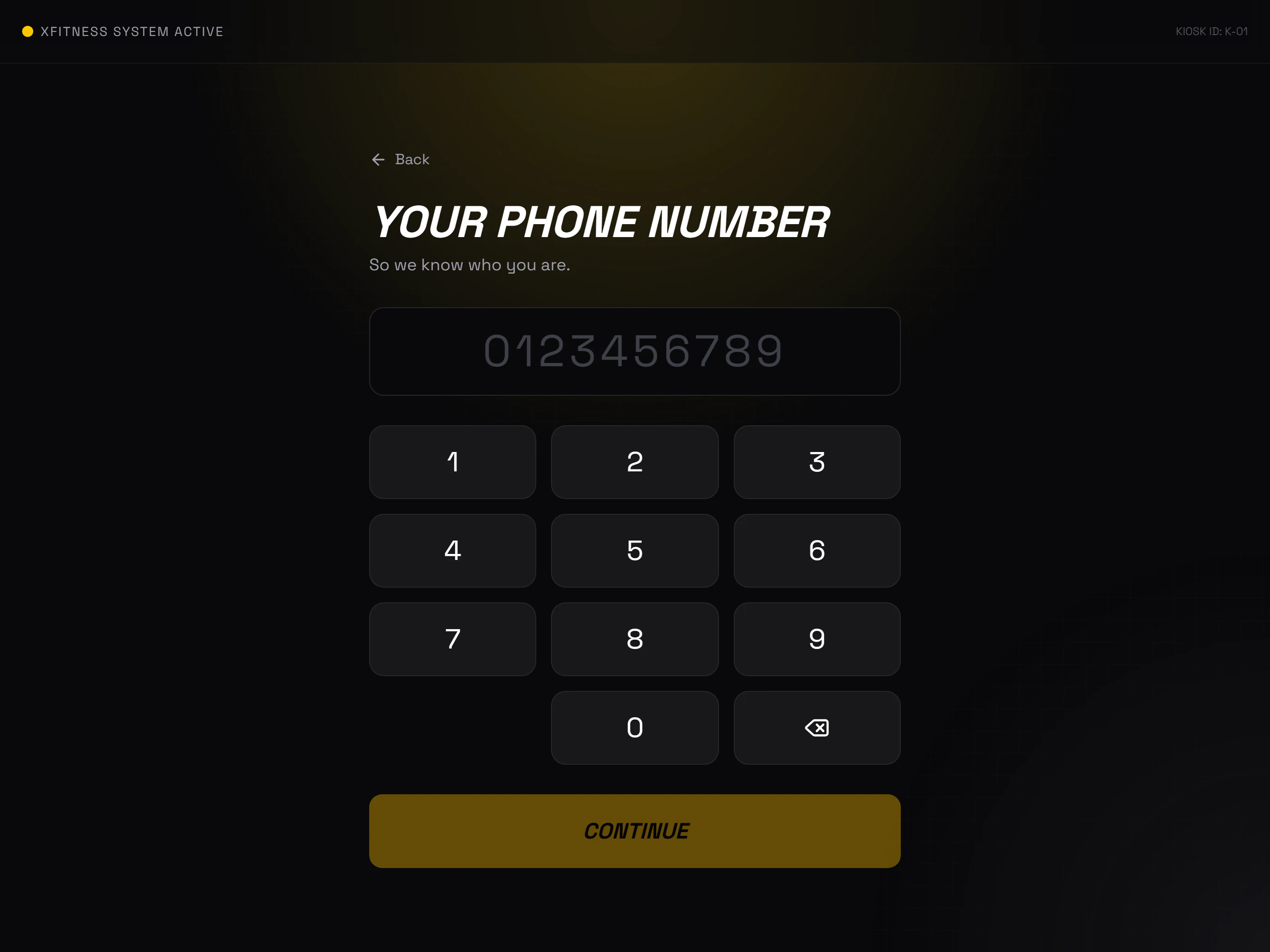 XFitness kiosk: enter a phone number