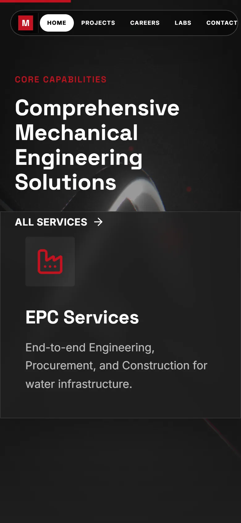 Mechtell Engineering website: phone view, services section