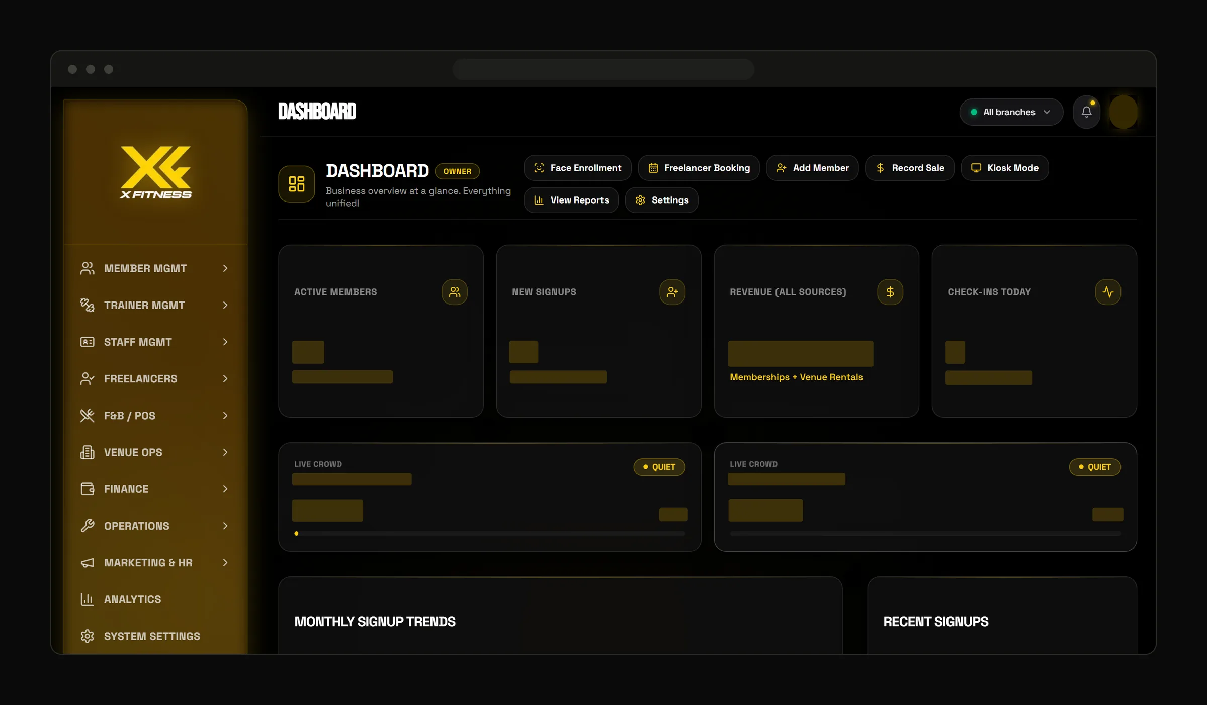 XFitness system admin: owner dashboard (figures hidden)