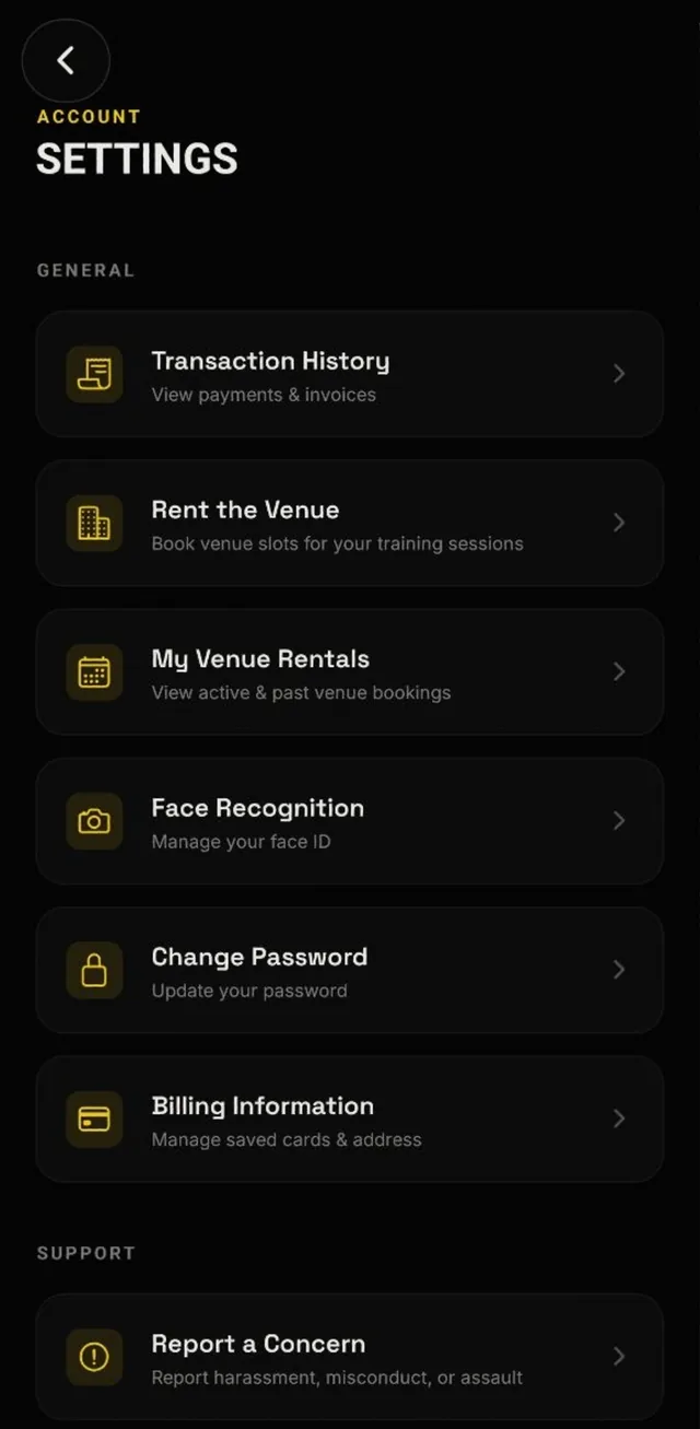 XFitness member app: account settings