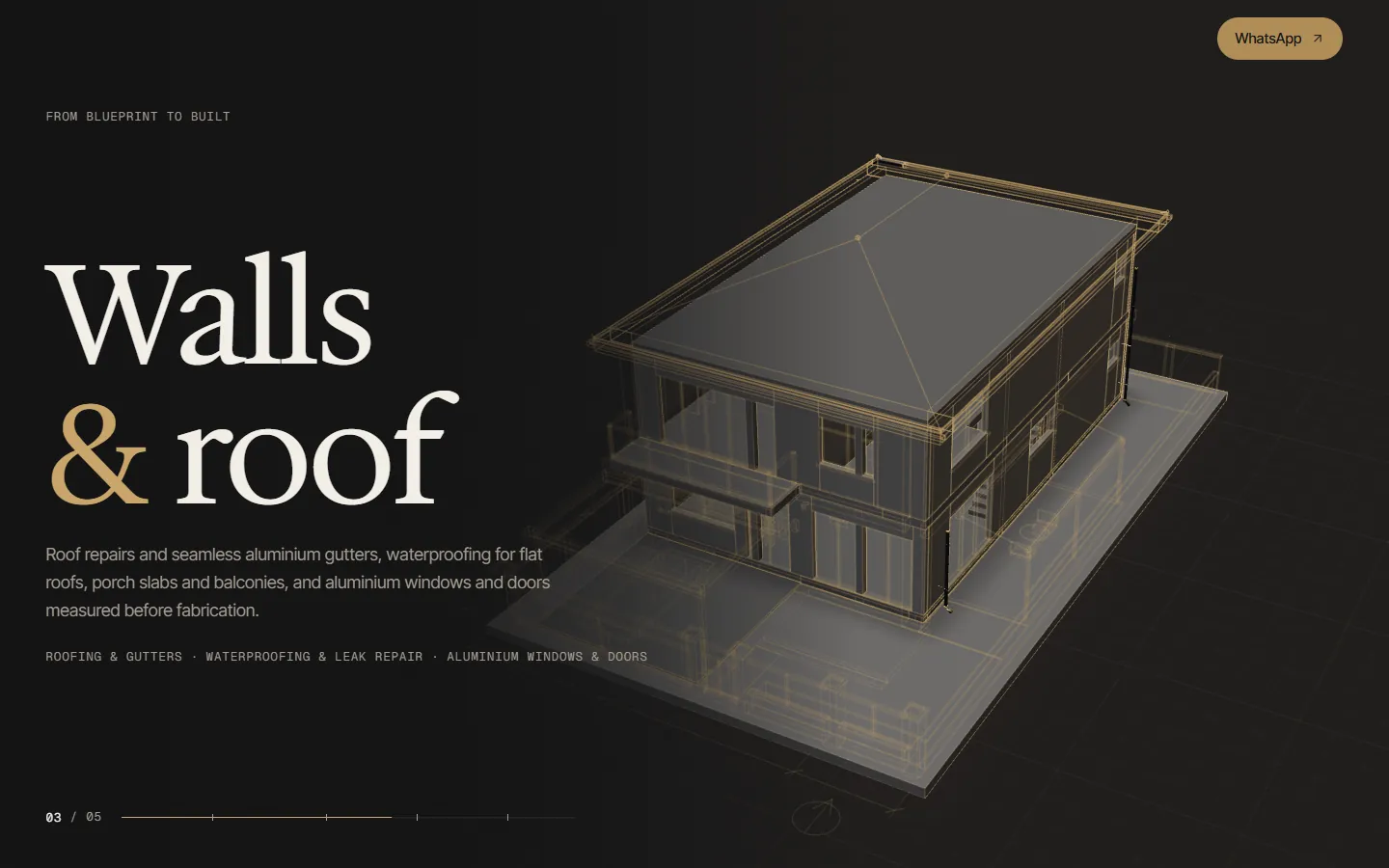 Aero Construction website: the 3D house part way from blueprint to built