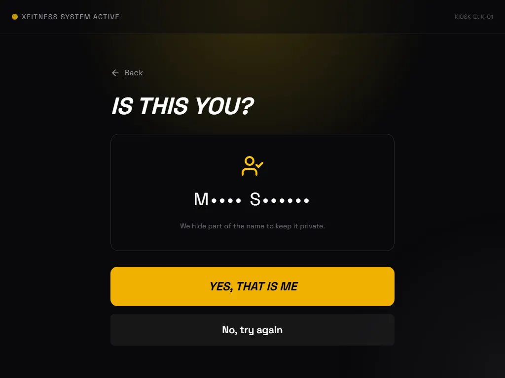 XFitness kiosk: check-in, name masked for confirmation