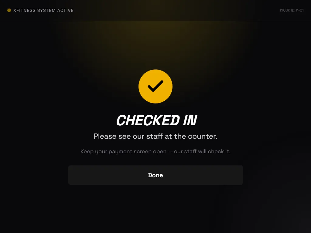 XFitness kiosk: check-in complete